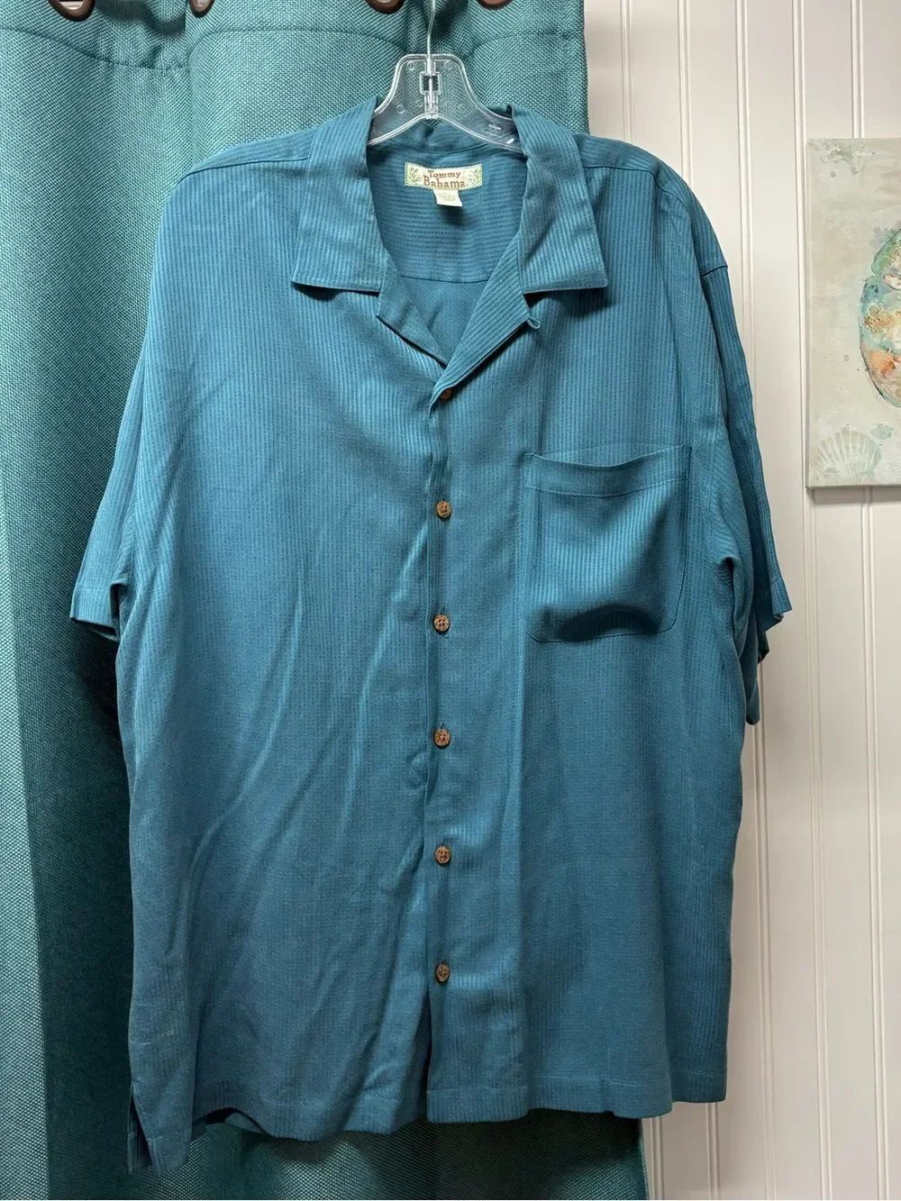 Tommy Bahama Teal 100% Silk Button Down Shirt Size Large